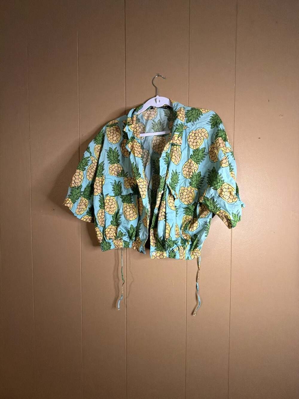 Zara Pineapple Print Short Sleeve Cropped Button Down Shirt